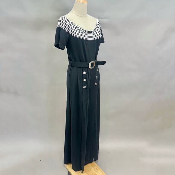 Vintage 90s Cache black slinky sailor nautical jumpsuit size 10 wide‎ slit leg - Picture 3 of 16